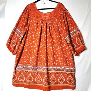 Suzanne Betro Womens Tunic Plus Size 2X 3/4 Sleeve Orange Paisley Cottagecore